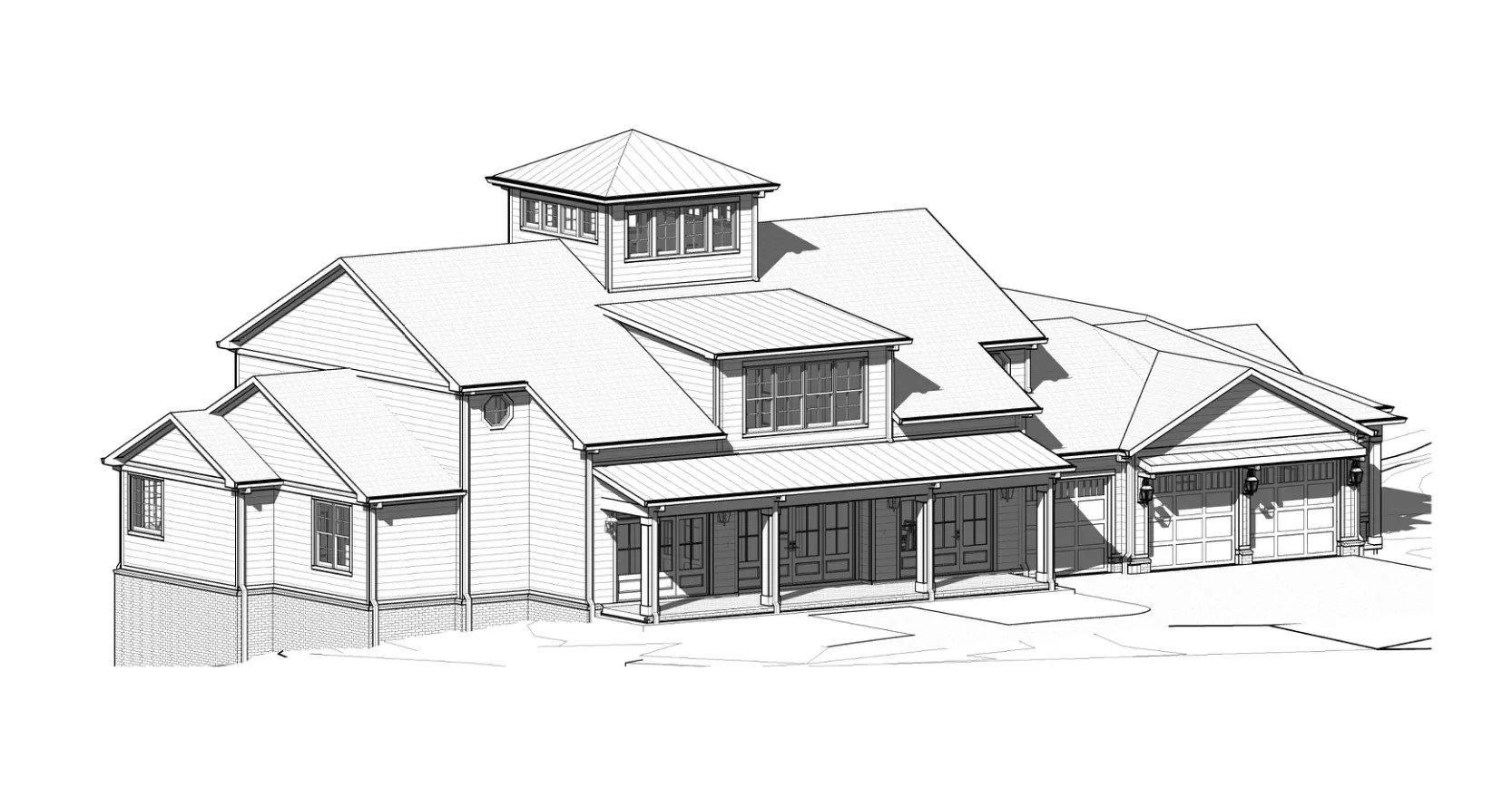 Architectural drawing of Mary Kate and Chris’s lake home, with its long porch and cupola