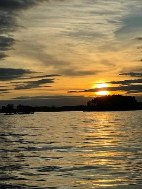 Sunset over a calm lake with an orange sky and dark silhouettes of trees on the horizon.